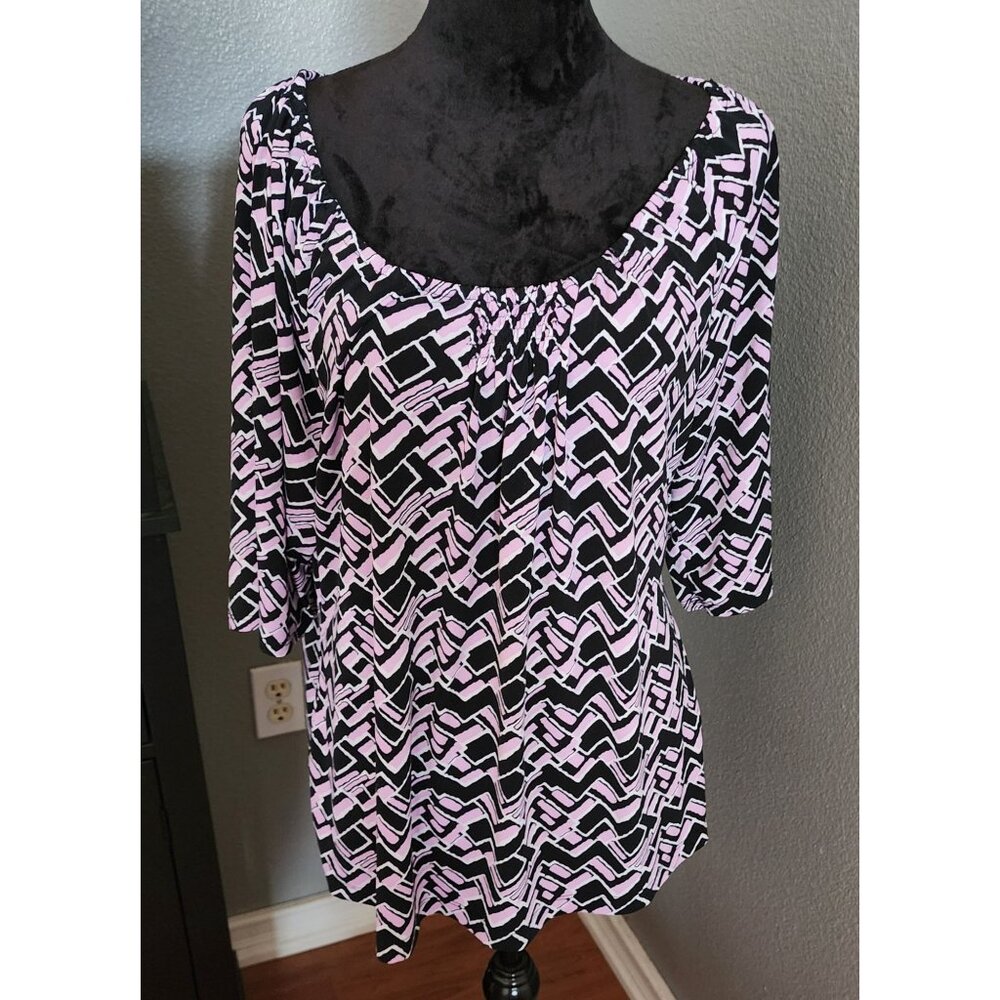 Liz &‎ Co. Blouse Womens Size 1X Geometric Scoop Neck Bold Graphic Chic Modern